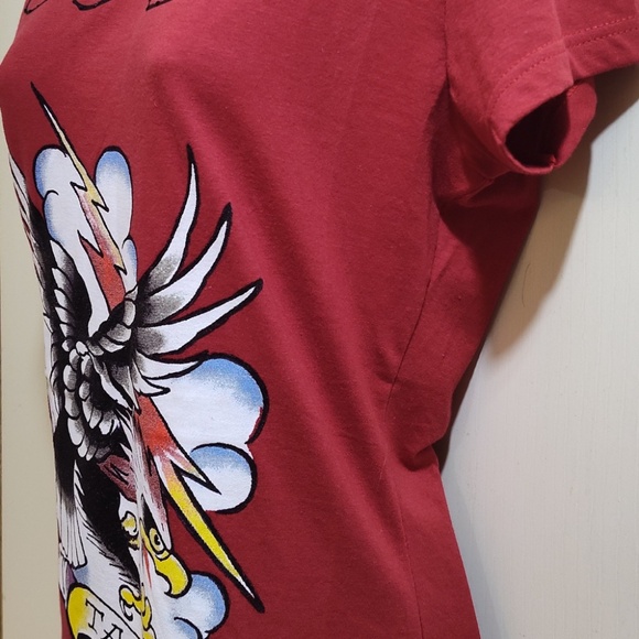 Ed Hardy Red with Eagle Graphics Rhinestone Logo Name Size Large 77 Tattoo Tee - Picture 3 of 7
